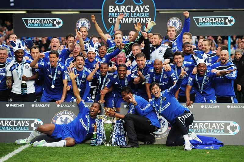 Drogba celebrating Chelsea's 2010 title win